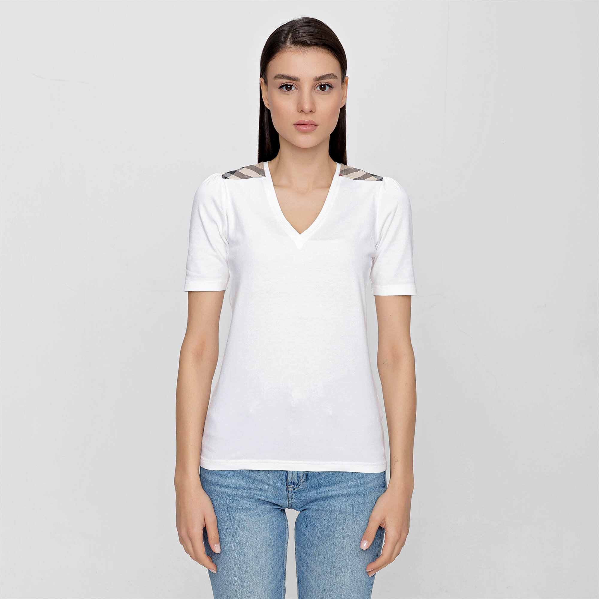 Burberry - White Cotton Iconic Check V Neck T-shirt